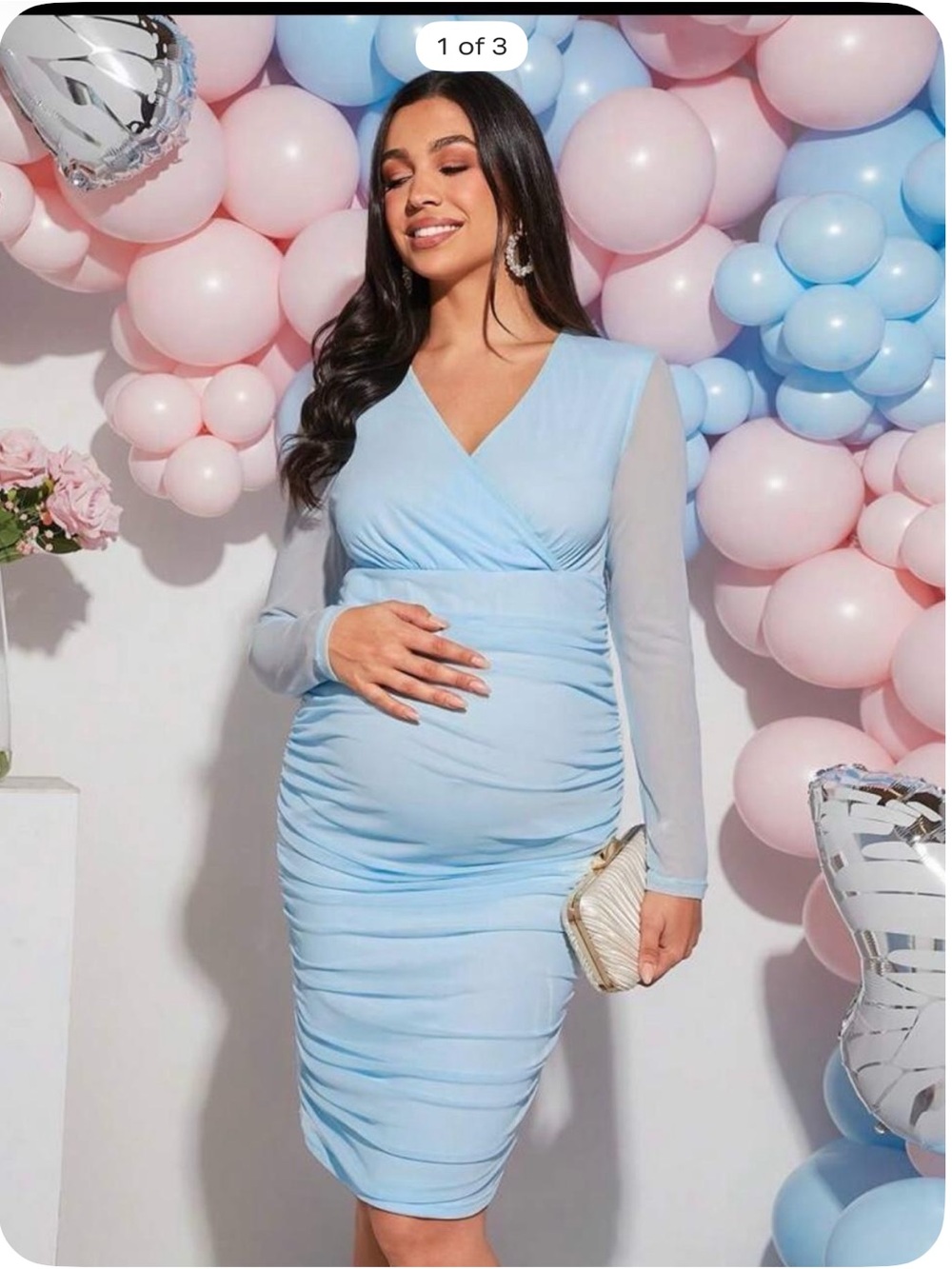 SHEIN Light Blue Maternity Wrap Midi Dress with Sheer Sleeves